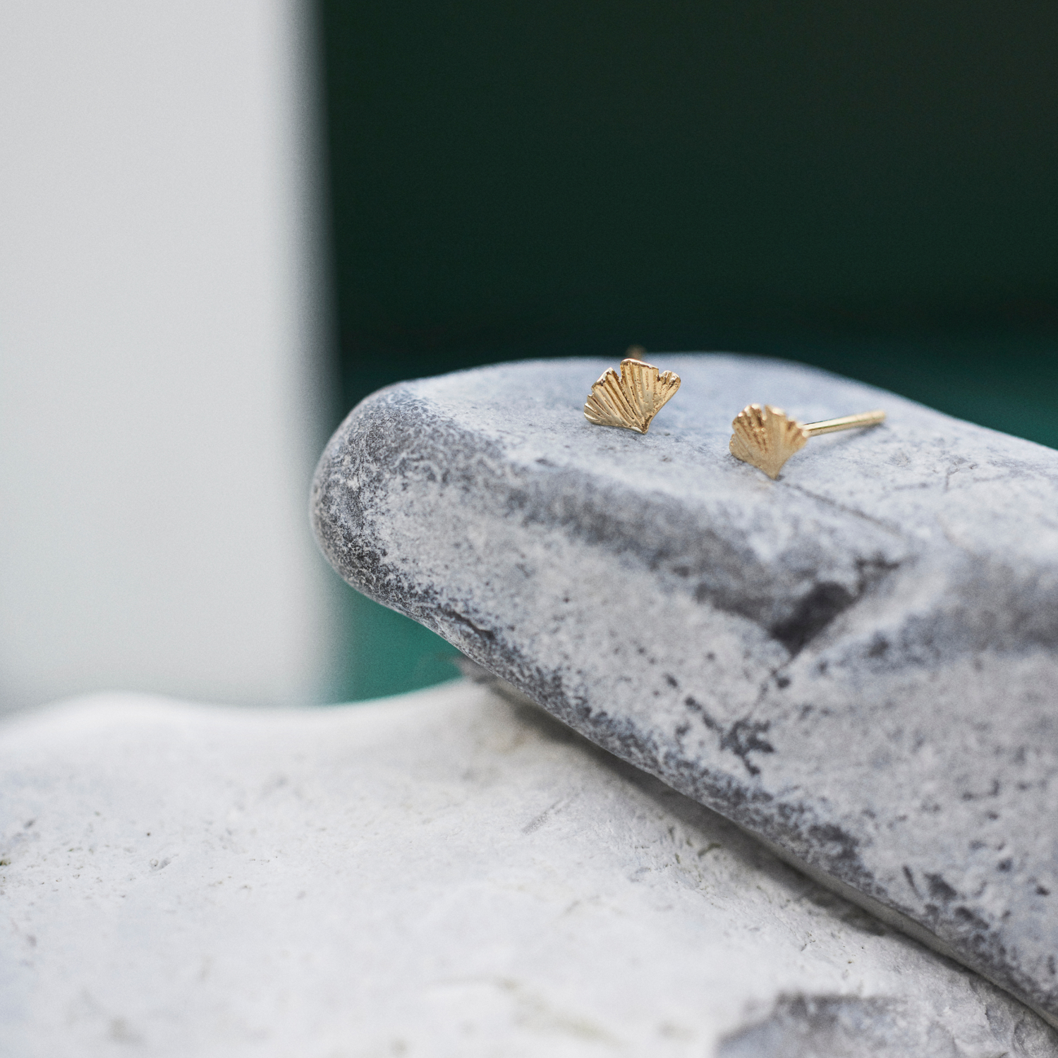 beautiful exclusive gold stud earrings in 18 karat recycled gold shaped as small Ginkgo Biloba leaves places elegantly on a few stacked rocks.